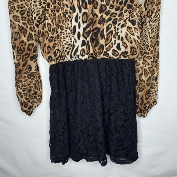 Speechless Black Brown Cheetah Leopard Animal Print Long Sheer Sleeves Lace L - Picture 6 of 10